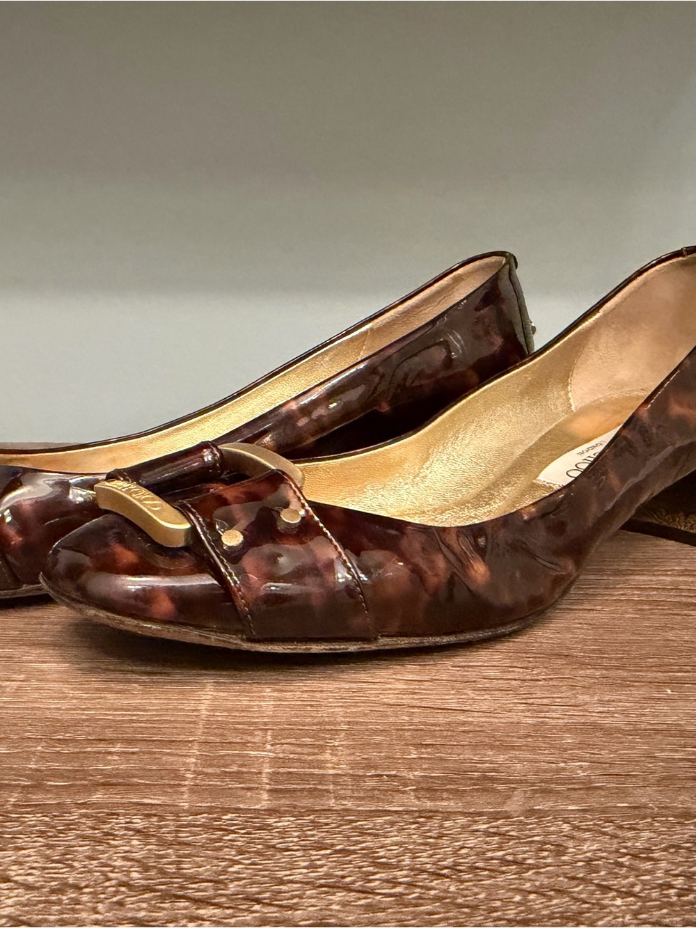 Vintage Jimmy Choo Tortoiseshell Brown Pumps Gold Block Heel & Hardware -Size 40 - Picture 2 of 10